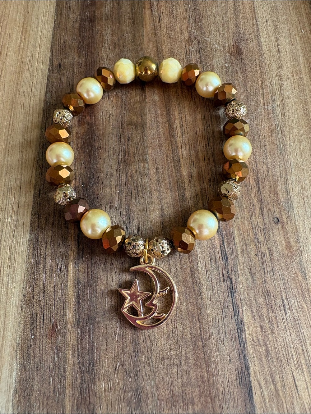 Handmade Gold and Brown Moon & Star Beaded Bracelet